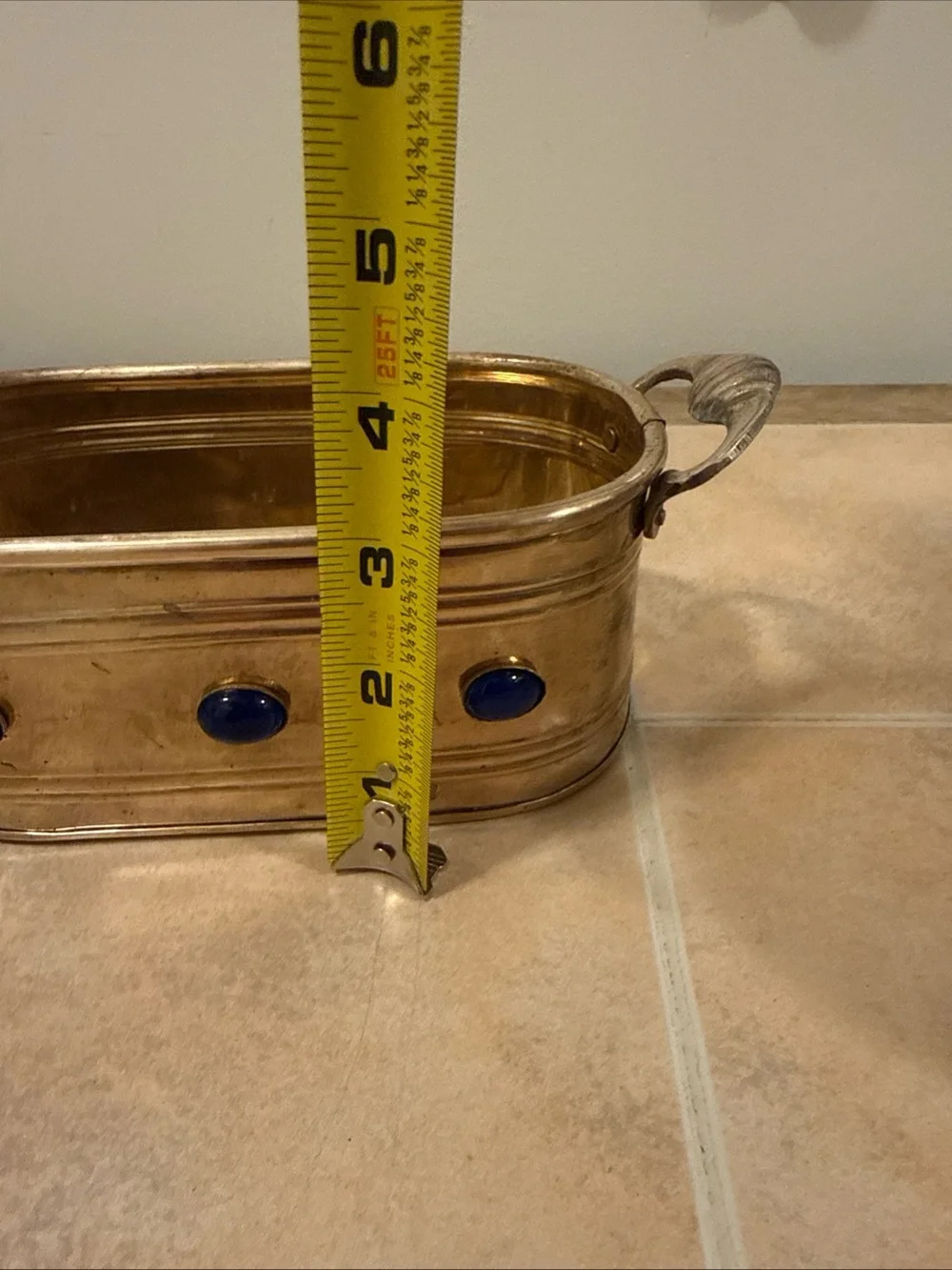 2 Vintage Brass Planters  W/Handles & Jewels Along The Side